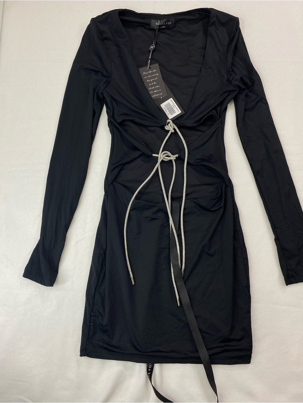 White Fox-Dance until dawn Black Long-Sleeve mini Tie-Front Bodycon Dress NWT